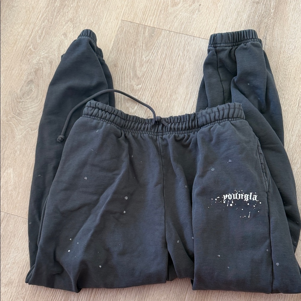 YoungLA Black Track Joggers with Subtle White Splatter